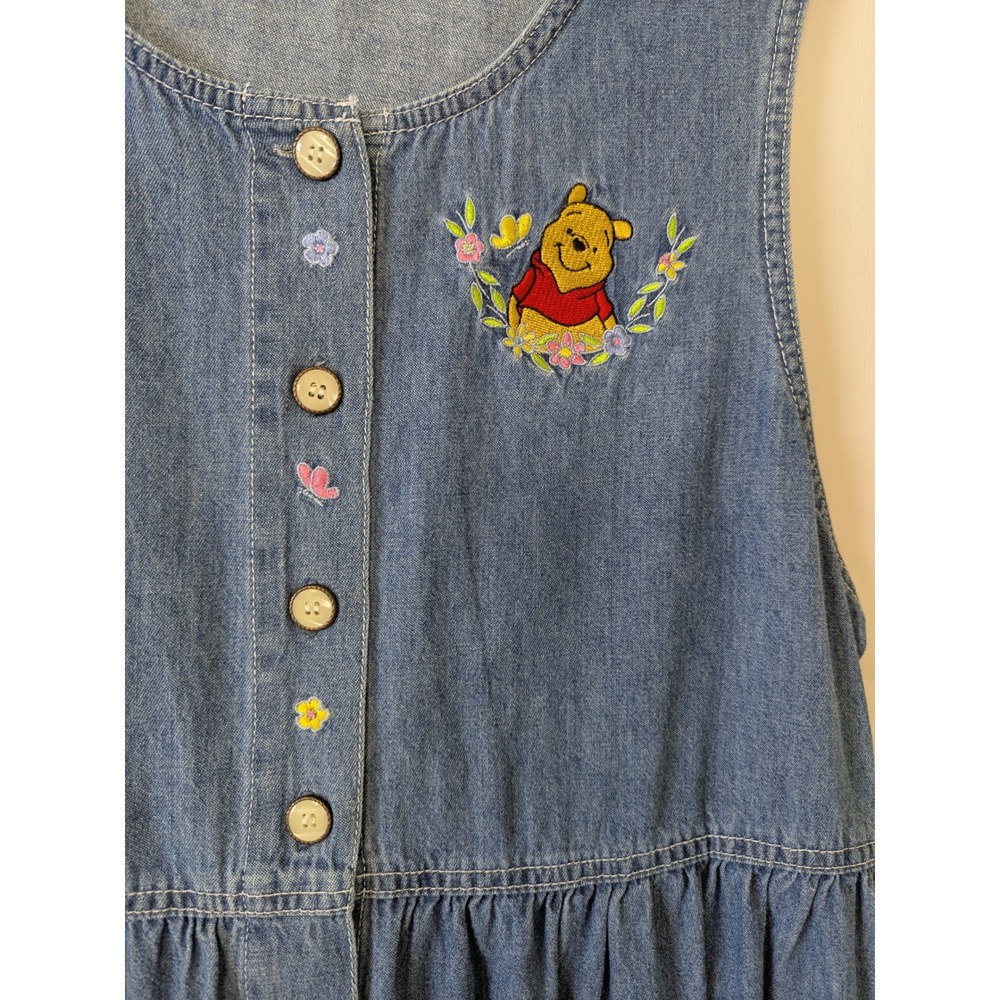 Disney Pooh Vintage 90s Blue Denim Button Front Embroidered Jumper Dress Large - Picture 3 of 9